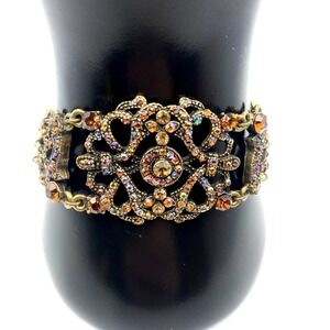 Rhinestone Filigree Panel Bracelet Amber Topaz Stones Antiqued Brass Tone 7"